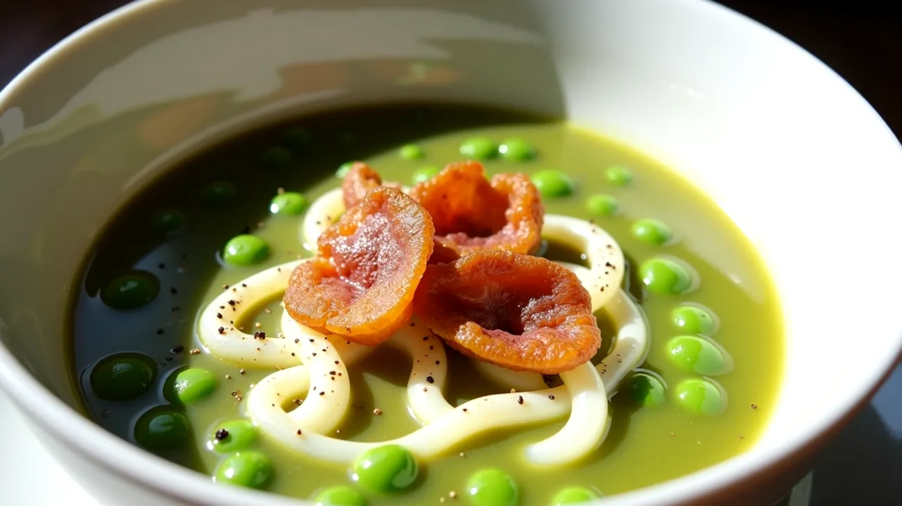 stracciatella ai piselli guanciale croccante piatto gourmet"